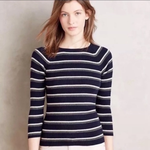 Anthropologie Moth Small Blue Striped Ribbed Crewneck Sera Sweater - Picture 1 of 6